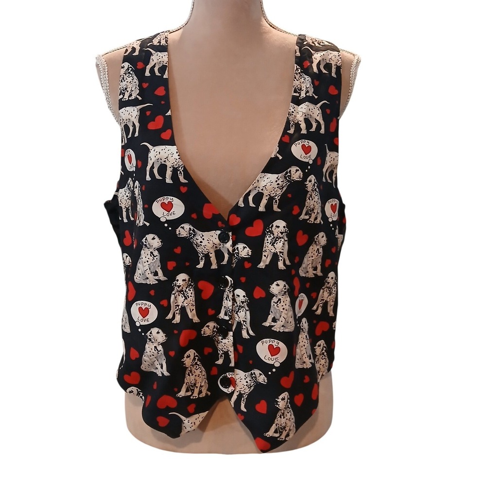 111 Main Large Vintage Dalmatian Puppy Love Heart Print Vest Black  Dog- Read